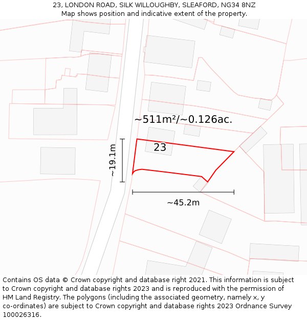 23, LONDON ROAD, SILK WILLOUGHBY, SLEAFORD, NG34 8NZ: Plot and title map