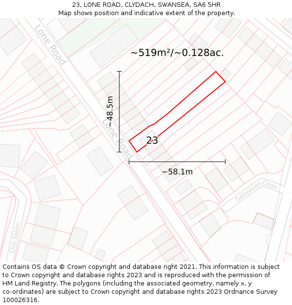 23, LONE ROAD, CLYDACH, SWANSEA, SA6 5HR: Plot and title map