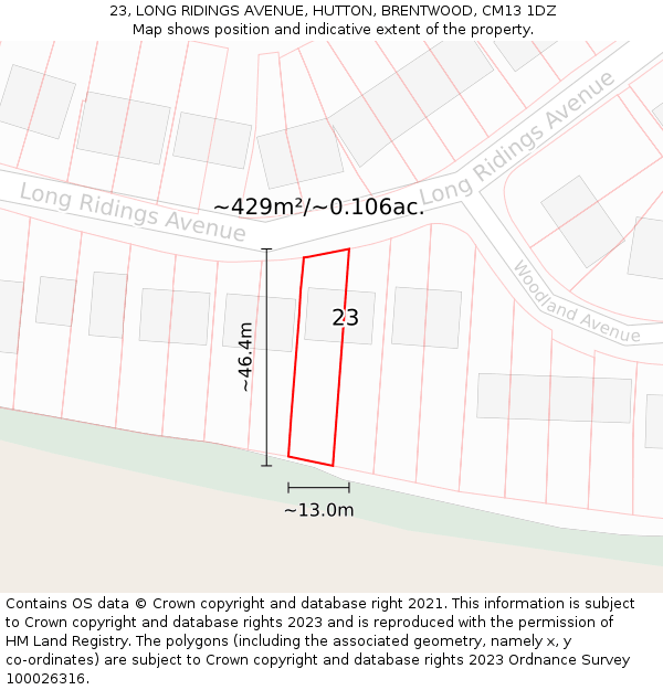 23, LONG RIDINGS AVENUE, HUTTON, BRENTWOOD, CM13 1DZ: Plot and title map