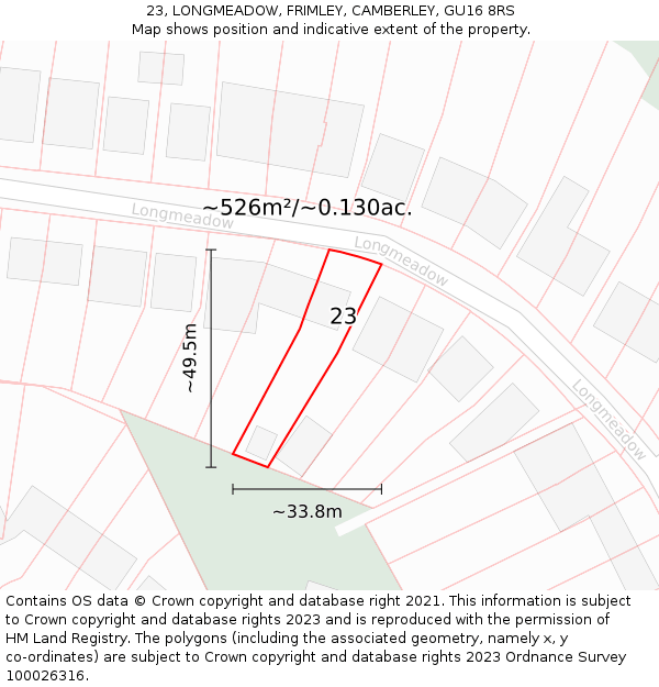 23, LONGMEADOW, FRIMLEY, CAMBERLEY, GU16 8RS: Plot and title map