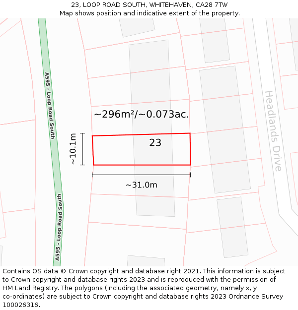 23, LOOP ROAD SOUTH, WHITEHAVEN, CA28 7TW: Plot and title map