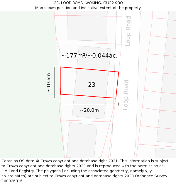 23, LOOP ROAD, WOKING, GU22 9BQ: Plot and title map