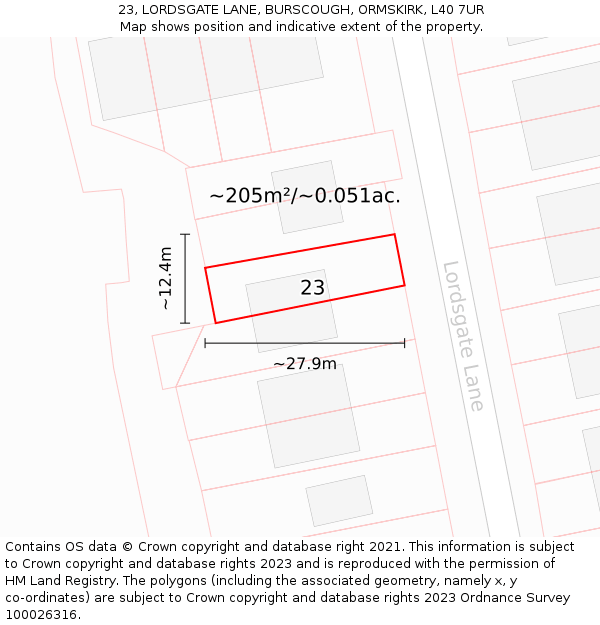 23, LORDSGATE LANE, BURSCOUGH, ORMSKIRK, L40 7UR: Plot and title map