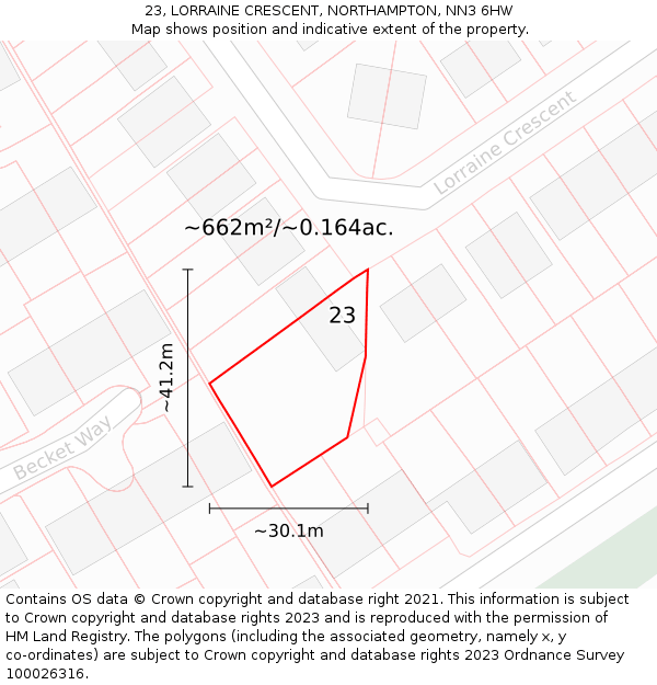 23, LORRAINE CRESCENT, NORTHAMPTON, NN3 6HW: Plot and title map