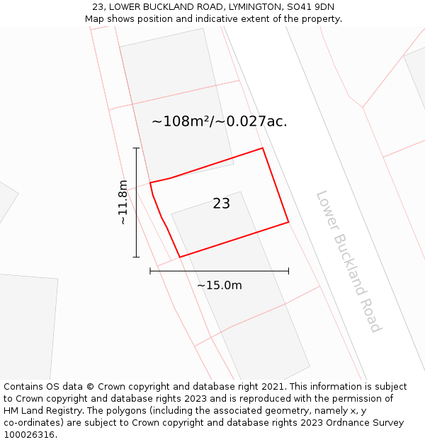 23, LOWER BUCKLAND ROAD, LYMINGTON, SO41 9DN: Plot and title map