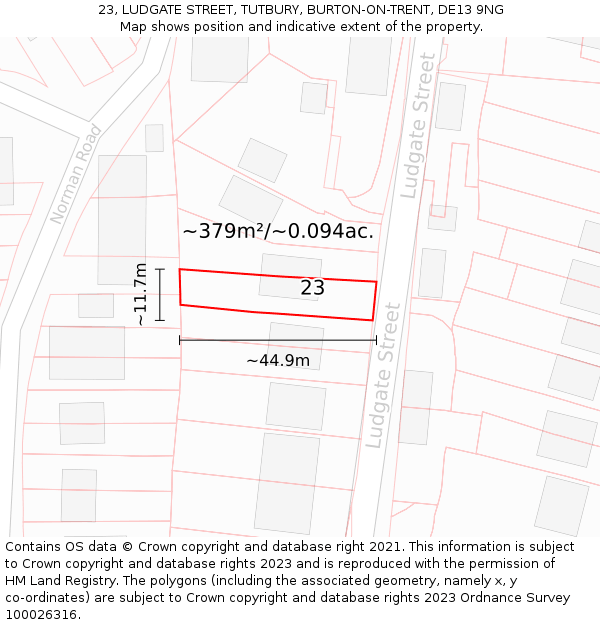 23, LUDGATE STREET, TUTBURY, BURTON-ON-TRENT, DE13 9NG: Plot and title map