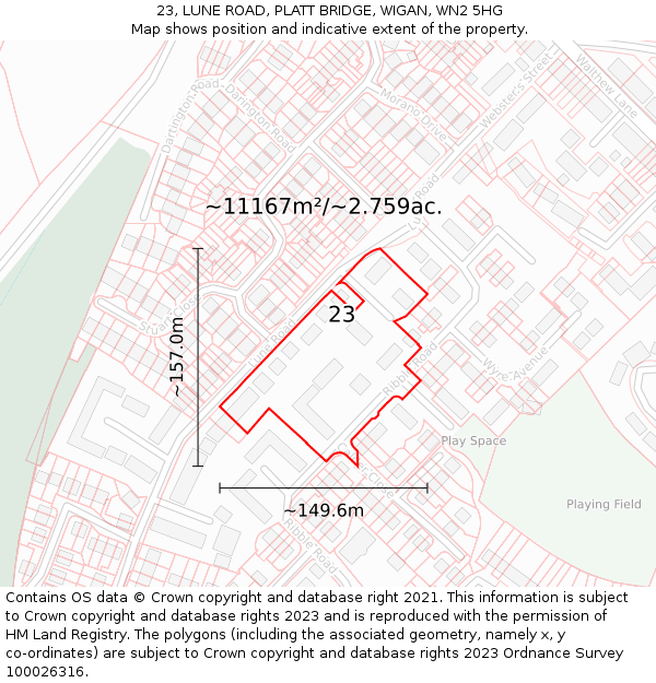 23, LUNE ROAD, PLATT BRIDGE, WIGAN, WN2 5HG: Plot and title map