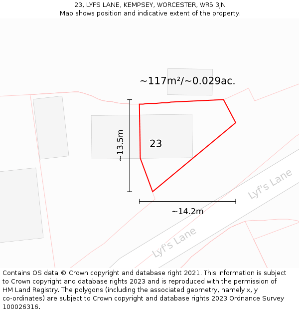23, LYFS LANE, KEMPSEY, WORCESTER, WR5 3JN: Plot and title map