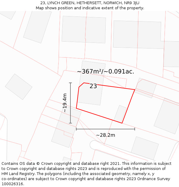 23, LYNCH GREEN, HETHERSETT, NORWICH, NR9 3JU: Plot and title map