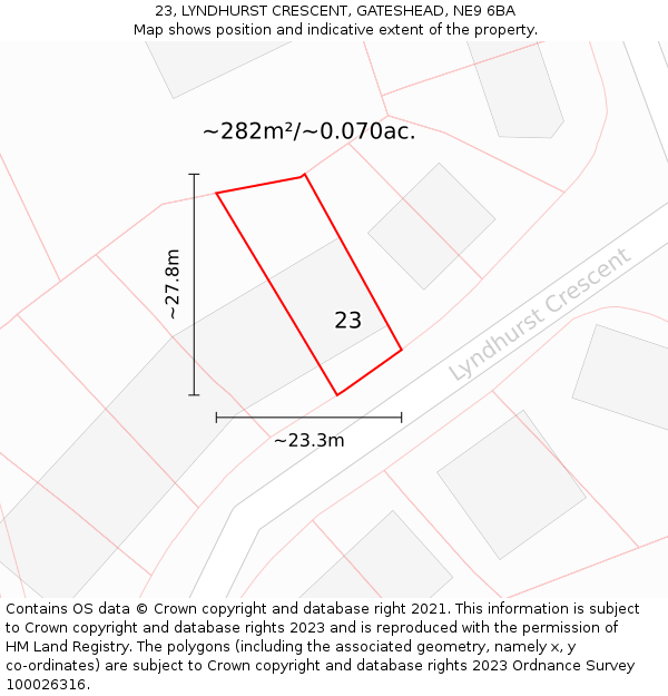 23, LYNDHURST CRESCENT, GATESHEAD, NE9 6BA: Plot and title map