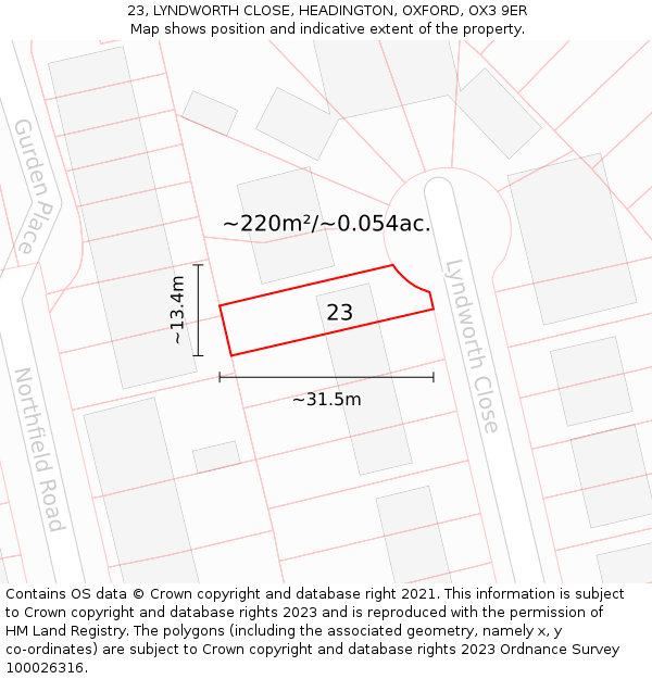 23, LYNDWORTH CLOSE, HEADINGTON, OXFORD, OX3 9ER: Plot and title map