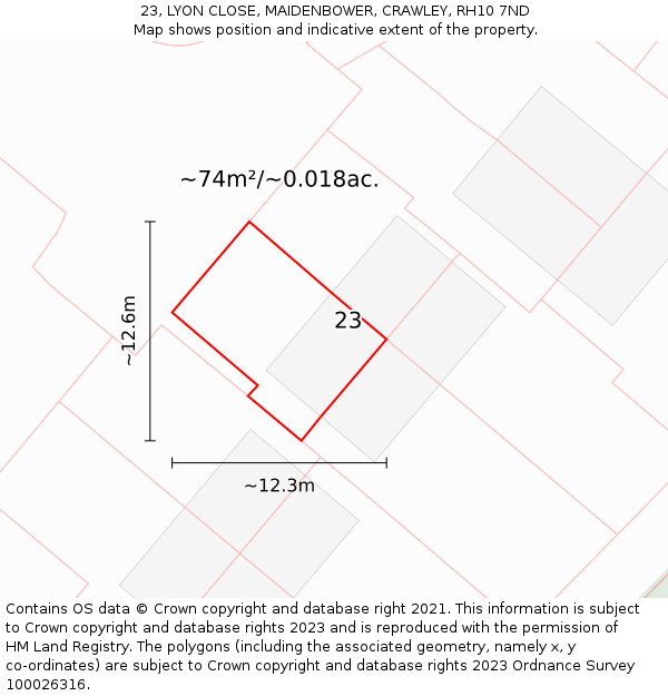 23, LYON CLOSE, MAIDENBOWER, CRAWLEY, RH10 7ND: Plot and title map