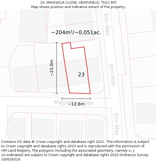 23, MAGNOLIA CLOSE, HEATHFIELD, TN21 8YF: Plot and title map