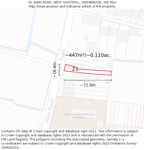 23, MAIN ROAD, WEST HUNTSPILL, HIGHBRIDGE, TA9 3QU: Plot and title map