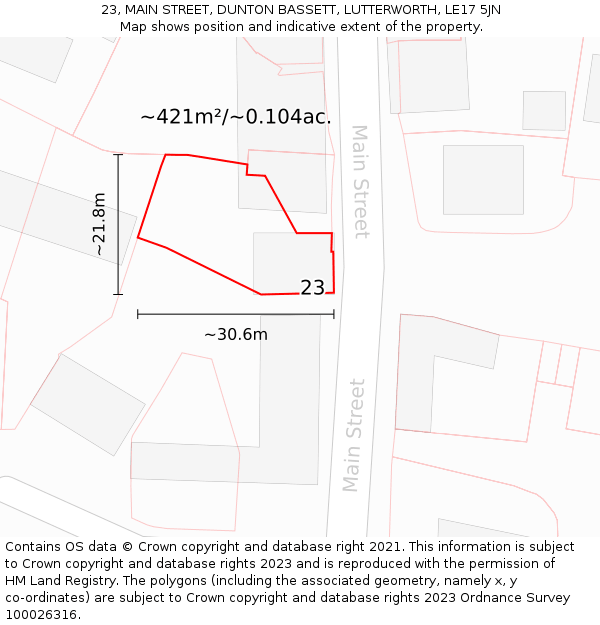 23, MAIN STREET, DUNTON BASSETT, LUTTERWORTH, LE17 5JN: Plot and title map