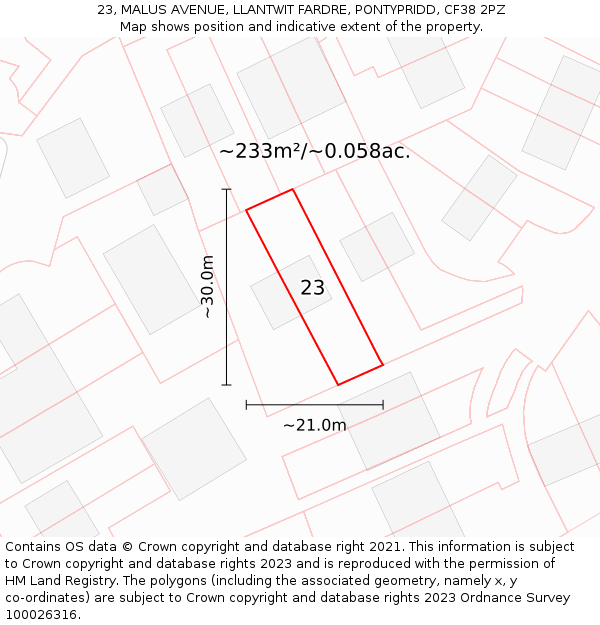 23, MALUS AVENUE, LLANTWIT FARDRE, PONTYPRIDD, CF38 2PZ: Plot and title map