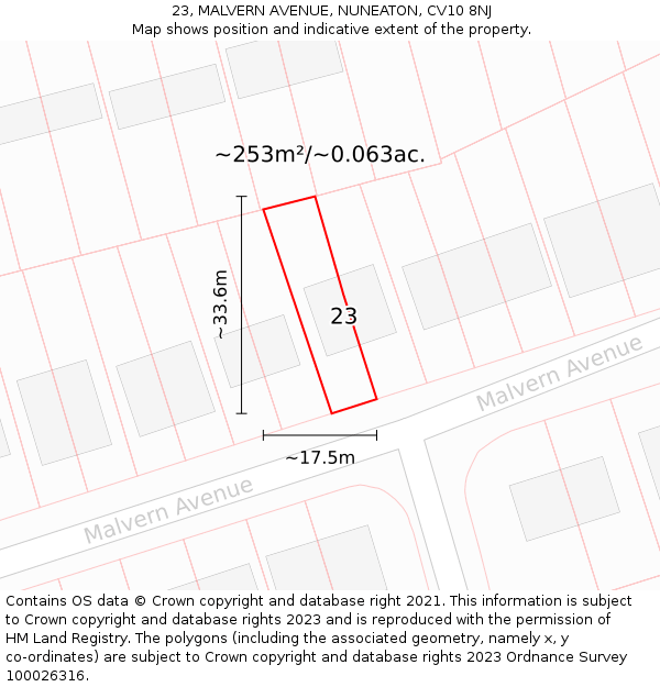 23, MALVERN AVENUE, NUNEATON, CV10 8NJ: Plot and title map