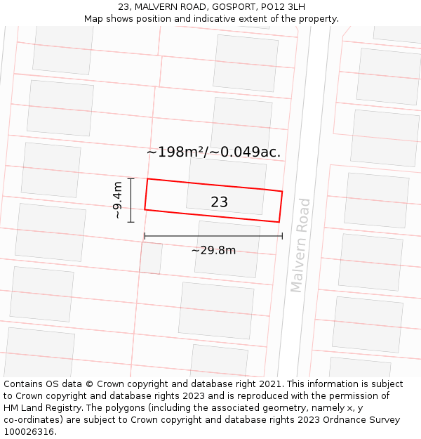 23, MALVERN ROAD, GOSPORT, PO12 3LH: Plot and title map