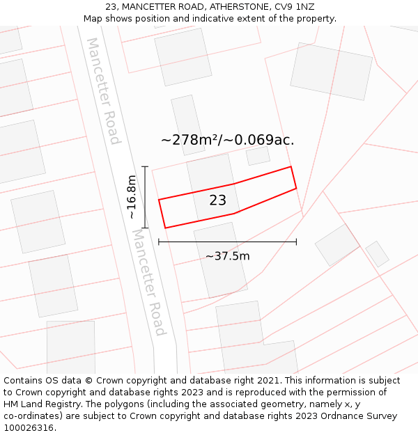 23, MANCETTER ROAD, ATHERSTONE, CV9 1NZ: Plot and title map