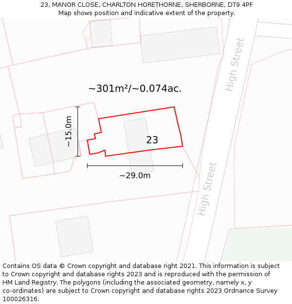 23, MANOR CLOSE, CHARLTON HORETHORNE, SHERBORNE, DT9 4PF: Plot and title map