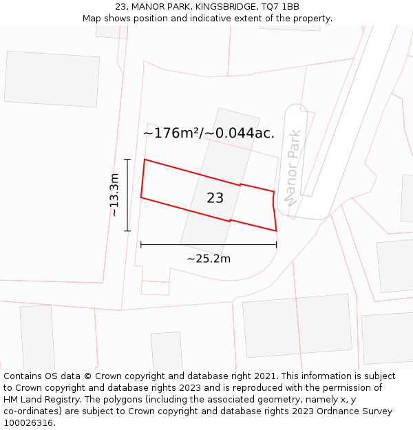 23, MANOR PARK, KINGSBRIDGE, TQ7 1BB: Plot and title map