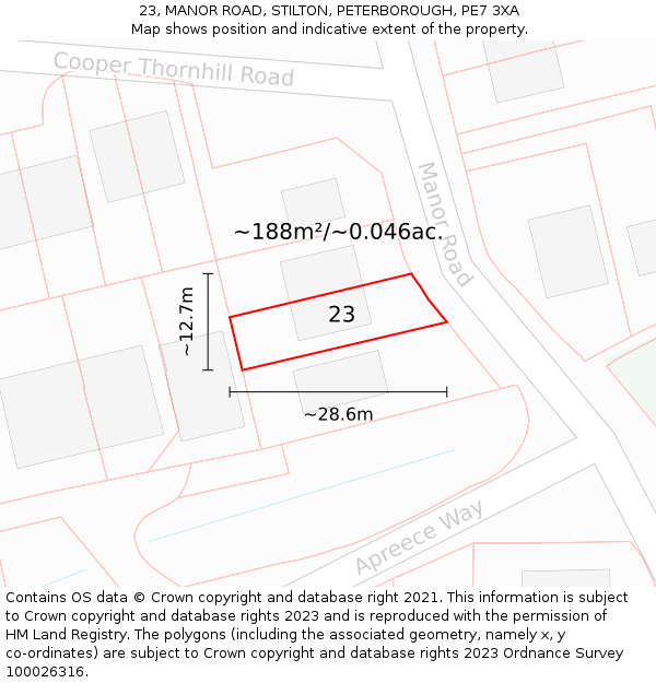 23, MANOR ROAD, STILTON, PETERBOROUGH, PE7 3XA: Plot and title map