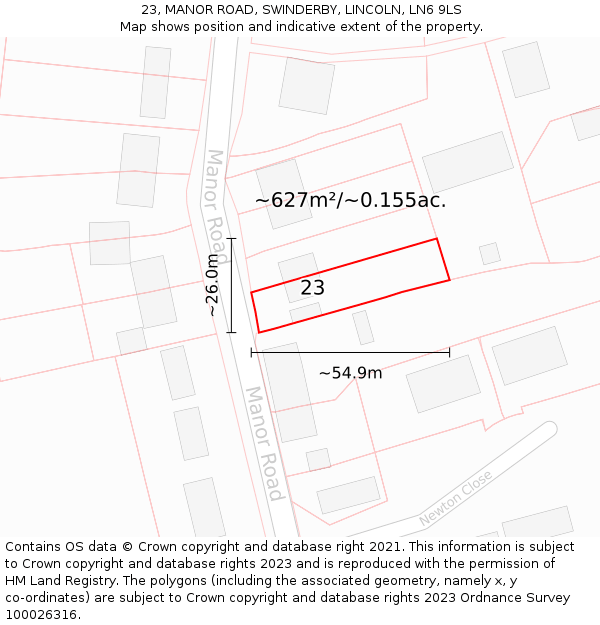 23, MANOR ROAD, SWINDERBY, LINCOLN, LN6 9LS: Plot and title map