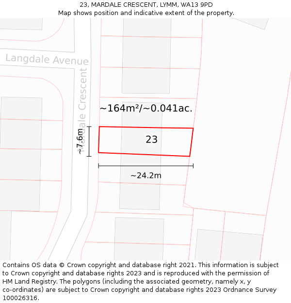 23, MARDALE CRESCENT, LYMM, WA13 9PD: Plot and title map