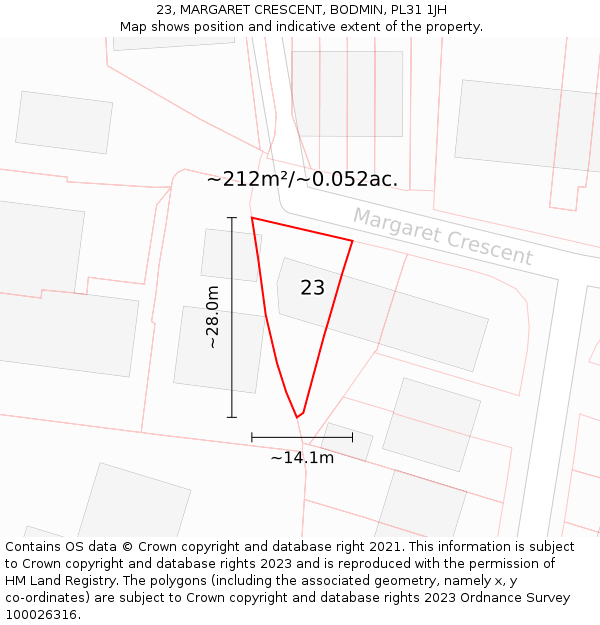 23, MARGARET CRESCENT, BODMIN, PL31 1JH: Plot and title map