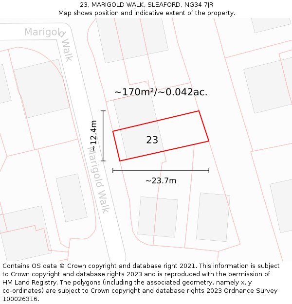 23, MARIGOLD WALK, SLEAFORD, NG34 7JR: Plot and title map