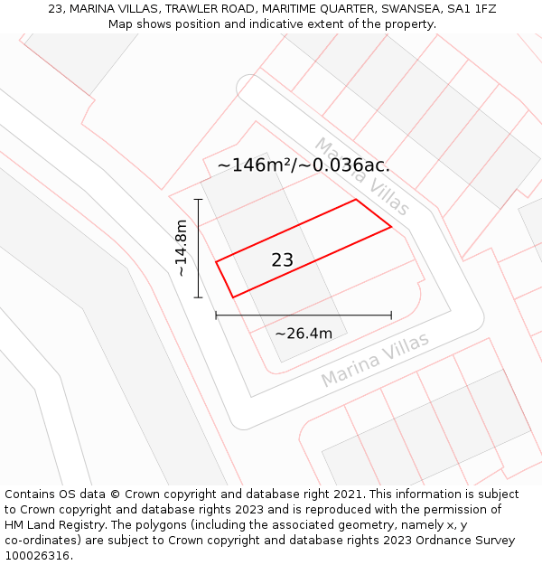 23, MARINA VILLAS, TRAWLER ROAD, MARITIME QUARTER, SWANSEA, SA1 1FZ: Plot and title map