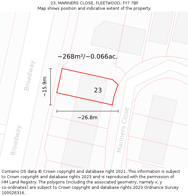 23, MARINERS CLOSE, FLEETWOOD, FY7 7BF: Plot and title map