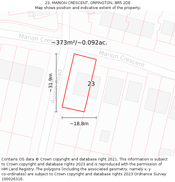 23, MARION CRESCENT, ORPINGTON, BR5 2DE: Plot and title map