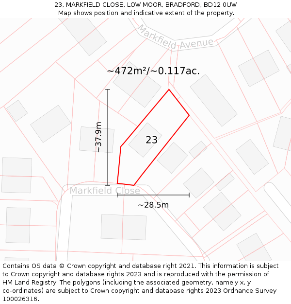 23, MARKFIELD CLOSE, LOW MOOR, BRADFORD, BD12 0UW: Plot and title map