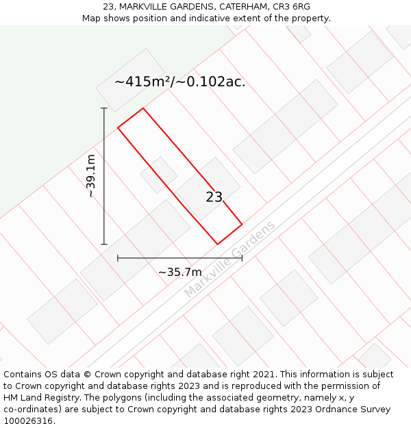 23, MARKVILLE GARDENS, CATERHAM, CR3 6RG: Plot and title map