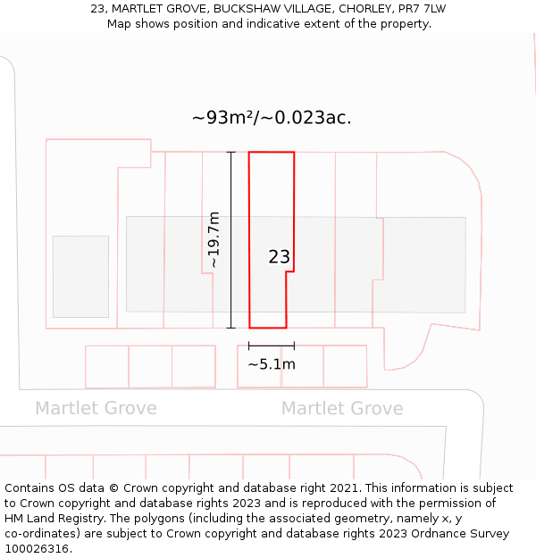 23, MARTLET GROVE, BUCKSHAW VILLAGE, CHORLEY, PR7 7LW: Plot and title map