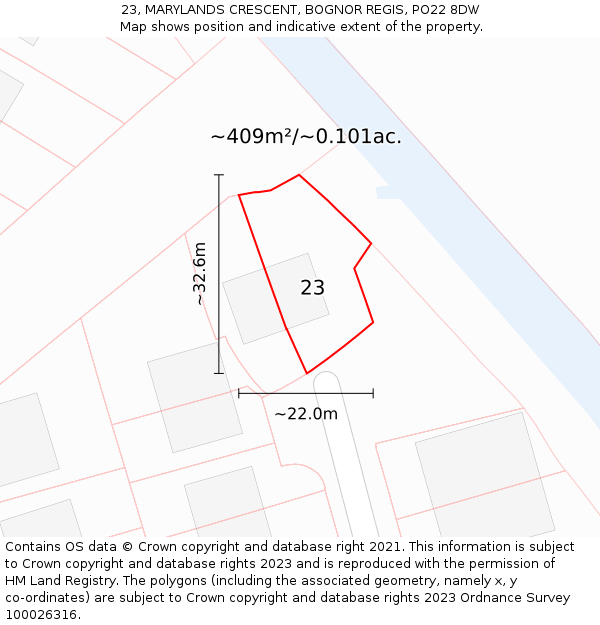 23, MARYLANDS CRESCENT, BOGNOR REGIS, PO22 8DW: Plot and title map