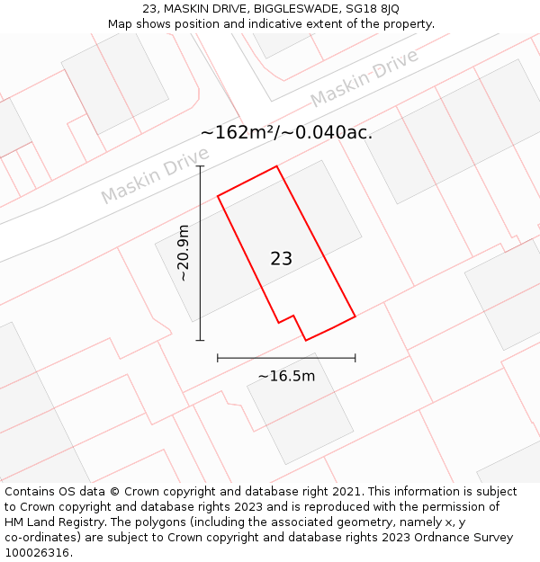 23, MASKIN DRIVE, BIGGLESWADE, SG18 8JQ: Plot and title map