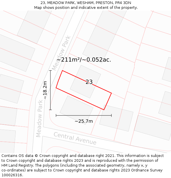 23, MEADOW PARK, WESHAM, PRESTON, PR4 3DN: Plot and title map
