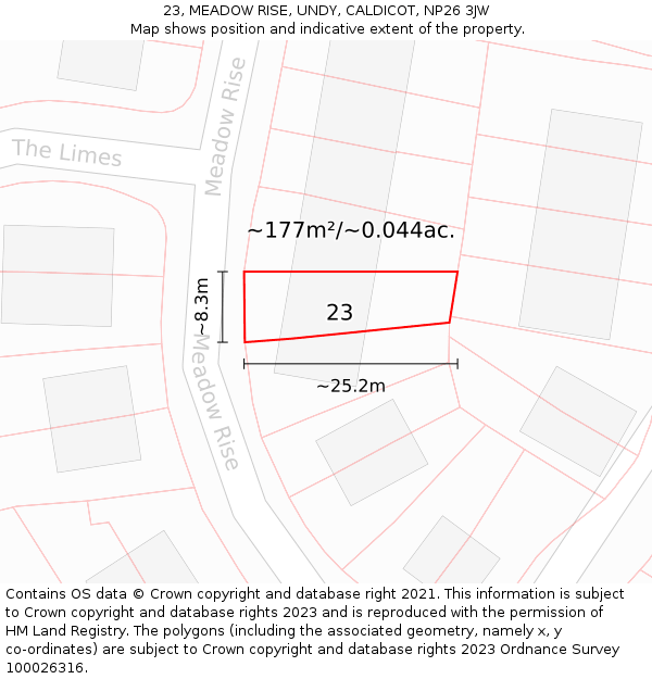 23, MEADOW RISE, UNDY, CALDICOT, NP26 3JW: Plot and title map
