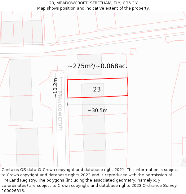 23, MEADOWCROFT, STRETHAM, ELY, CB6 3JY: Plot and title map