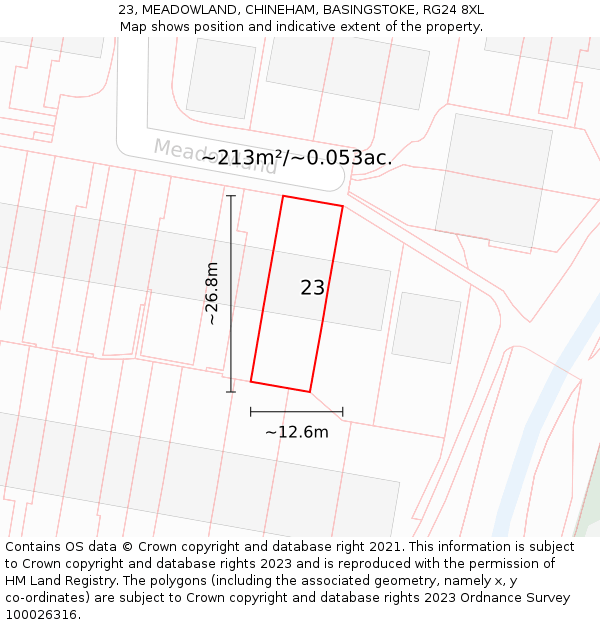 23, MEADOWLAND, CHINEHAM, BASINGSTOKE, RG24 8XL: Plot and title map