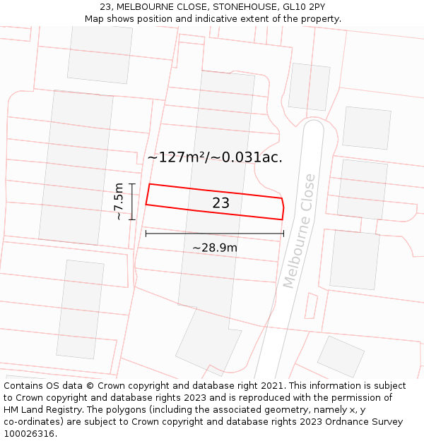 23, MELBOURNE CLOSE, STONEHOUSE, GL10 2PY: Plot and title map