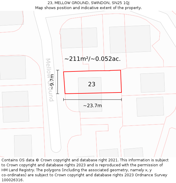 23, MELLOW GROUND, SWINDON, SN25 1QJ: Plot and title map