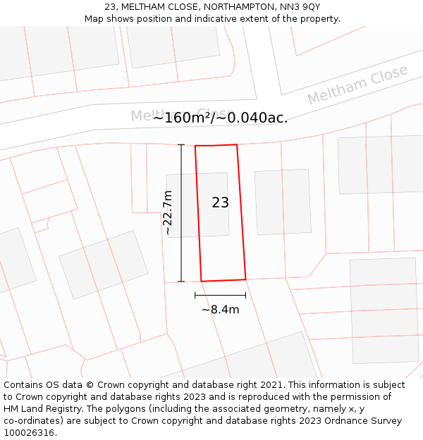 23, MELTHAM CLOSE, NORTHAMPTON, NN3 9QY: Plot and title map