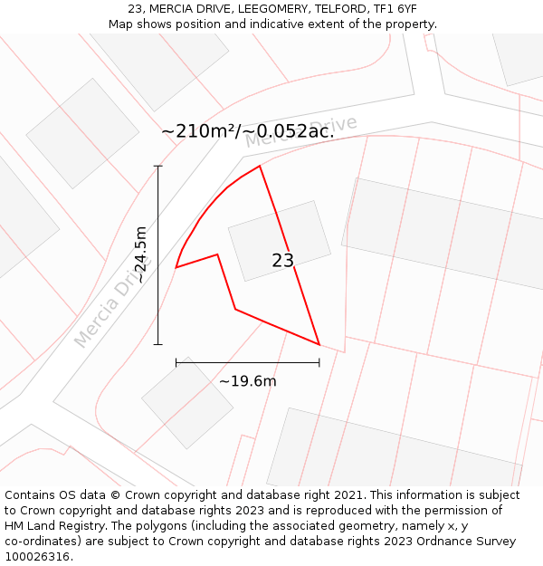 23, MERCIA DRIVE, LEEGOMERY, TELFORD, TF1 6YF: Plot and title map