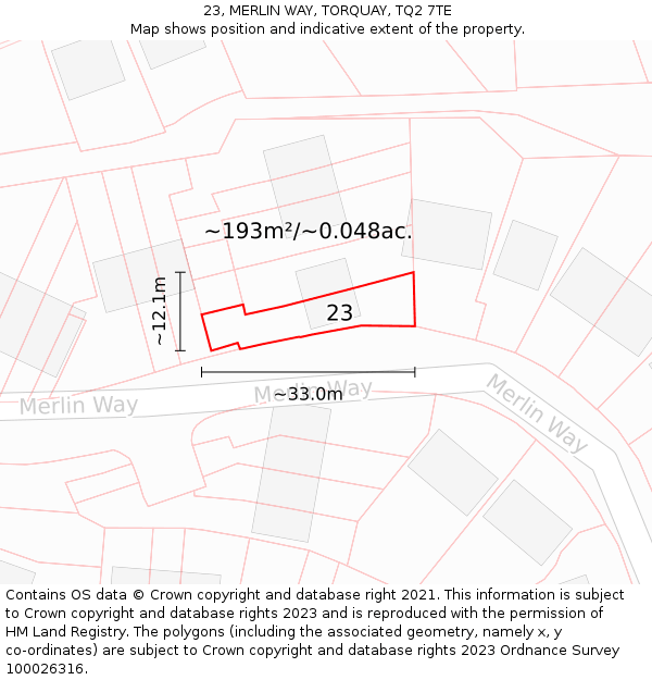 23, MERLIN WAY, TORQUAY, TQ2 7TE: Plot and title map