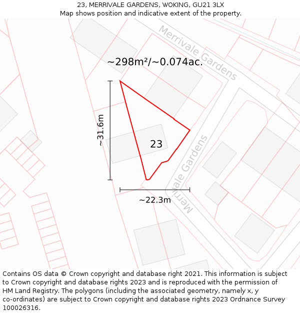 23, MERRIVALE GARDENS, WOKING, GU21 3LX: Plot and title map