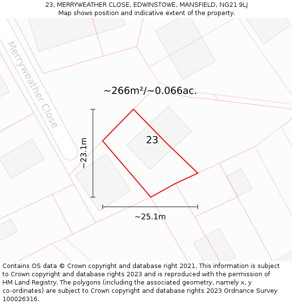 23, MERRYWEATHER CLOSE, EDWINSTOWE, MANSFIELD, NG21 9LJ: Plot and title map