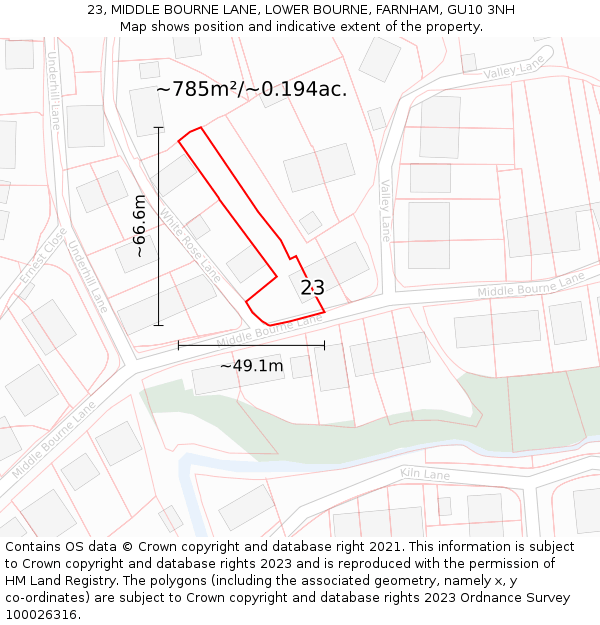 23, MIDDLE BOURNE LANE, LOWER BOURNE, FARNHAM, GU10 3NH: Plot and title map